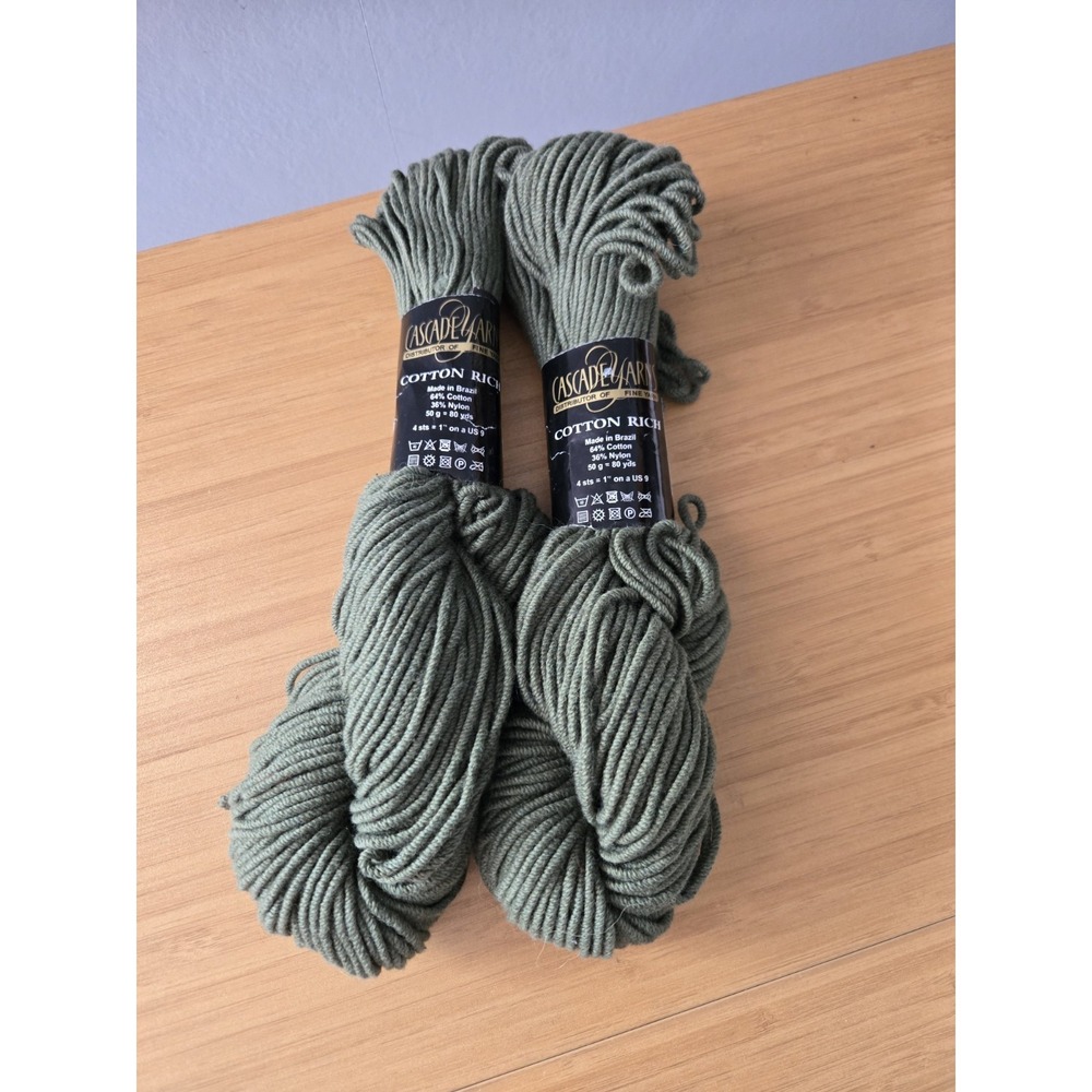 2 Skeins Of Cascade Cotton Rich Yarn In Sage Green. Made In Brazil. NEW